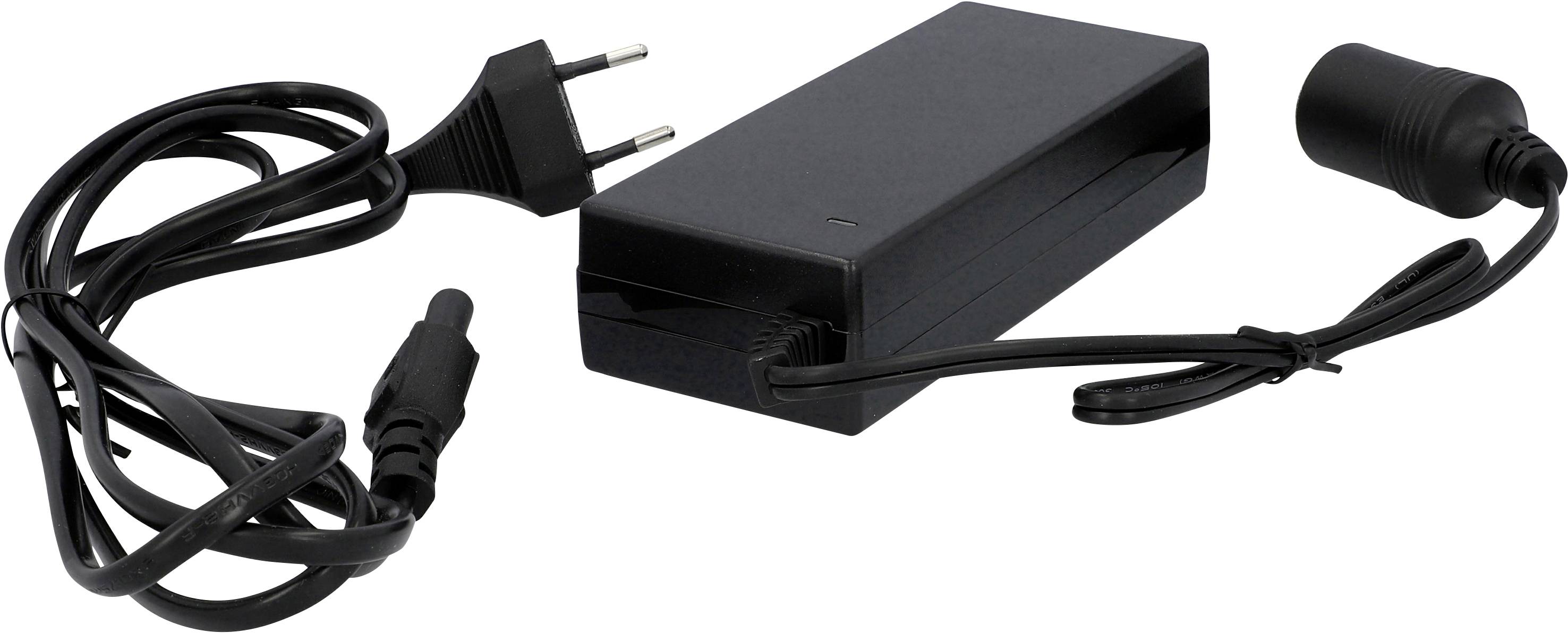Un bloc d'alimentation noir avec des câbles et une fiche bipolaire sur le côté gauche. À droite, se trouve l'extrémité d'un câble adaptateur.