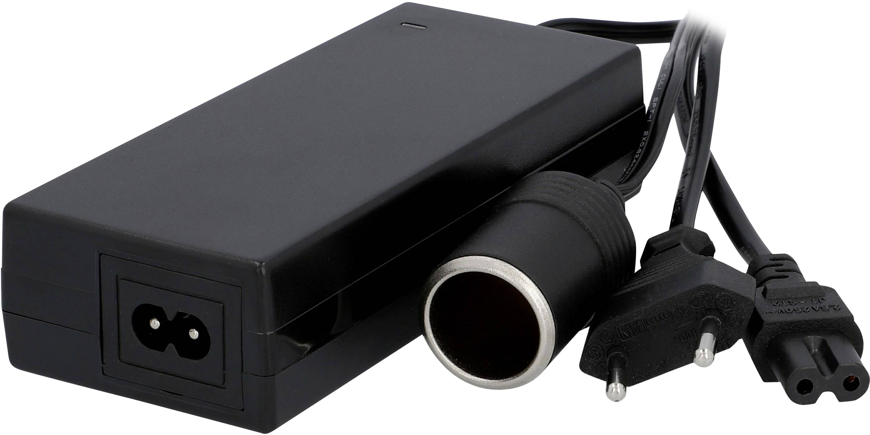 Un adaptateur d'alimentation noir pour ordinateurs portables avec deux prises secteur et un port de chargement pour véhicule.