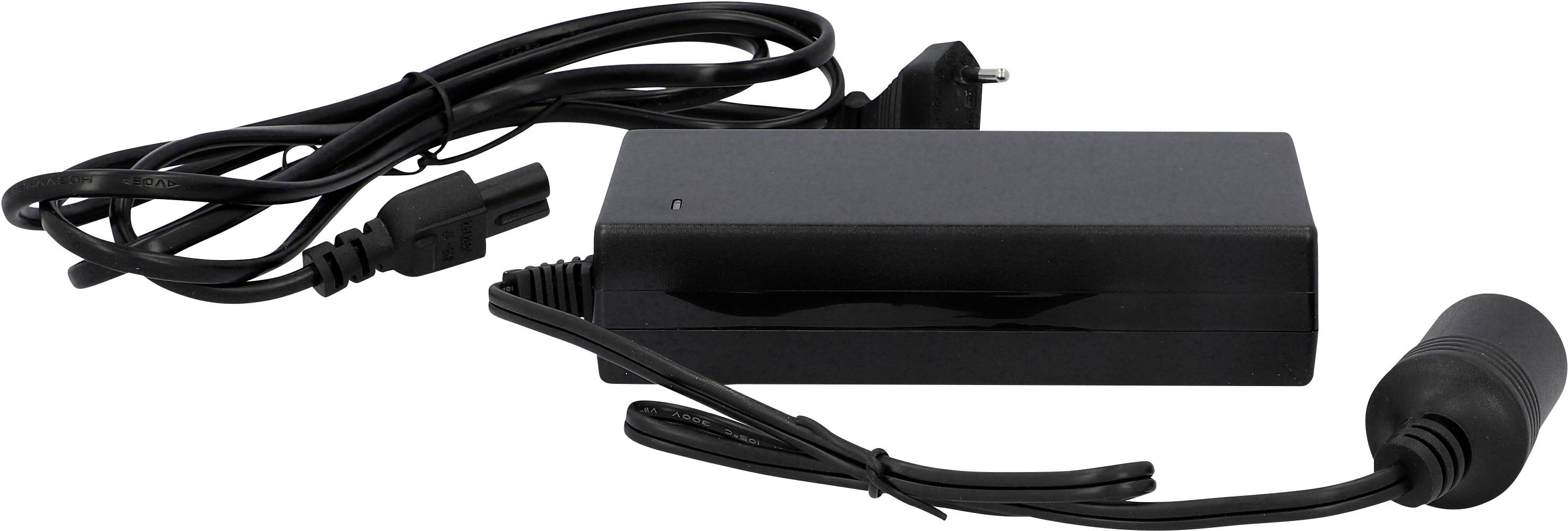 Un adaptateur secteur noir avec câble et fiche. Il sert à alimenter des appareils électroniques.