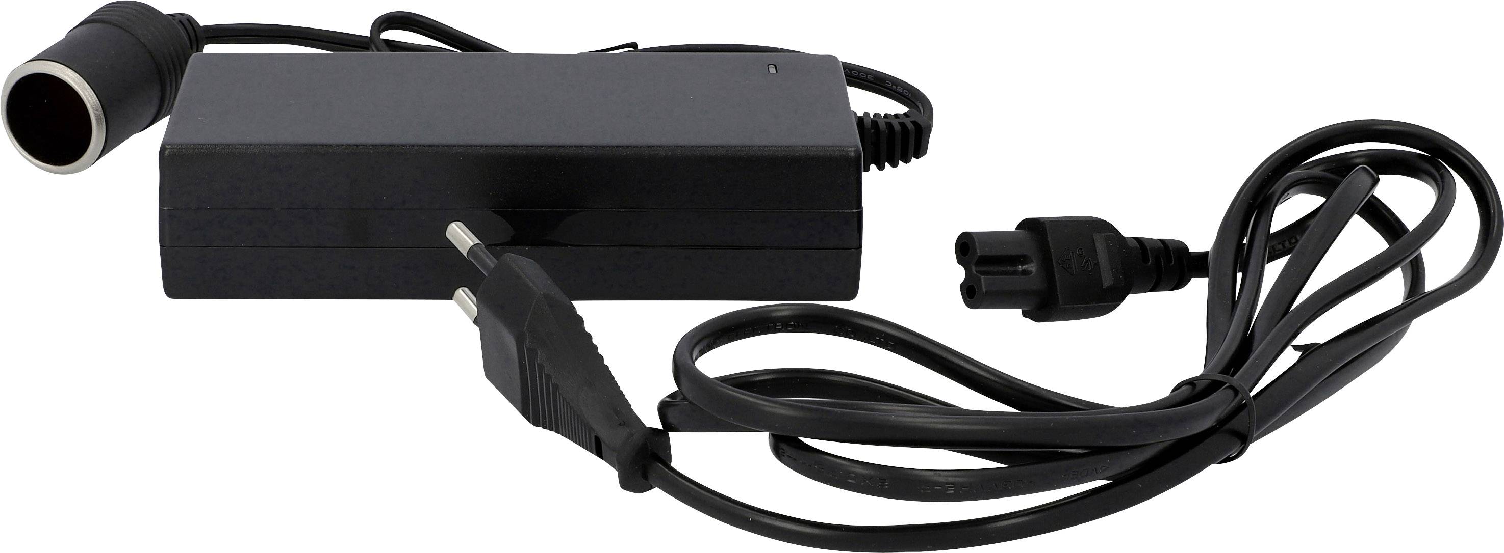 Un adaptateur secteur noir avec deux câbles : une fiche d'alimentation et une fiche ronde de connexion. Adapté aux appareils électroniques.