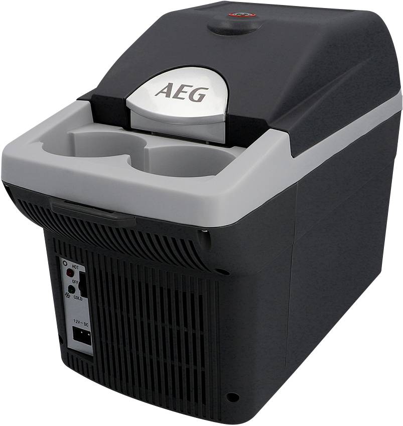 Un réfrigérateur noir AEG avec un couvercle gris et un écran en bas.