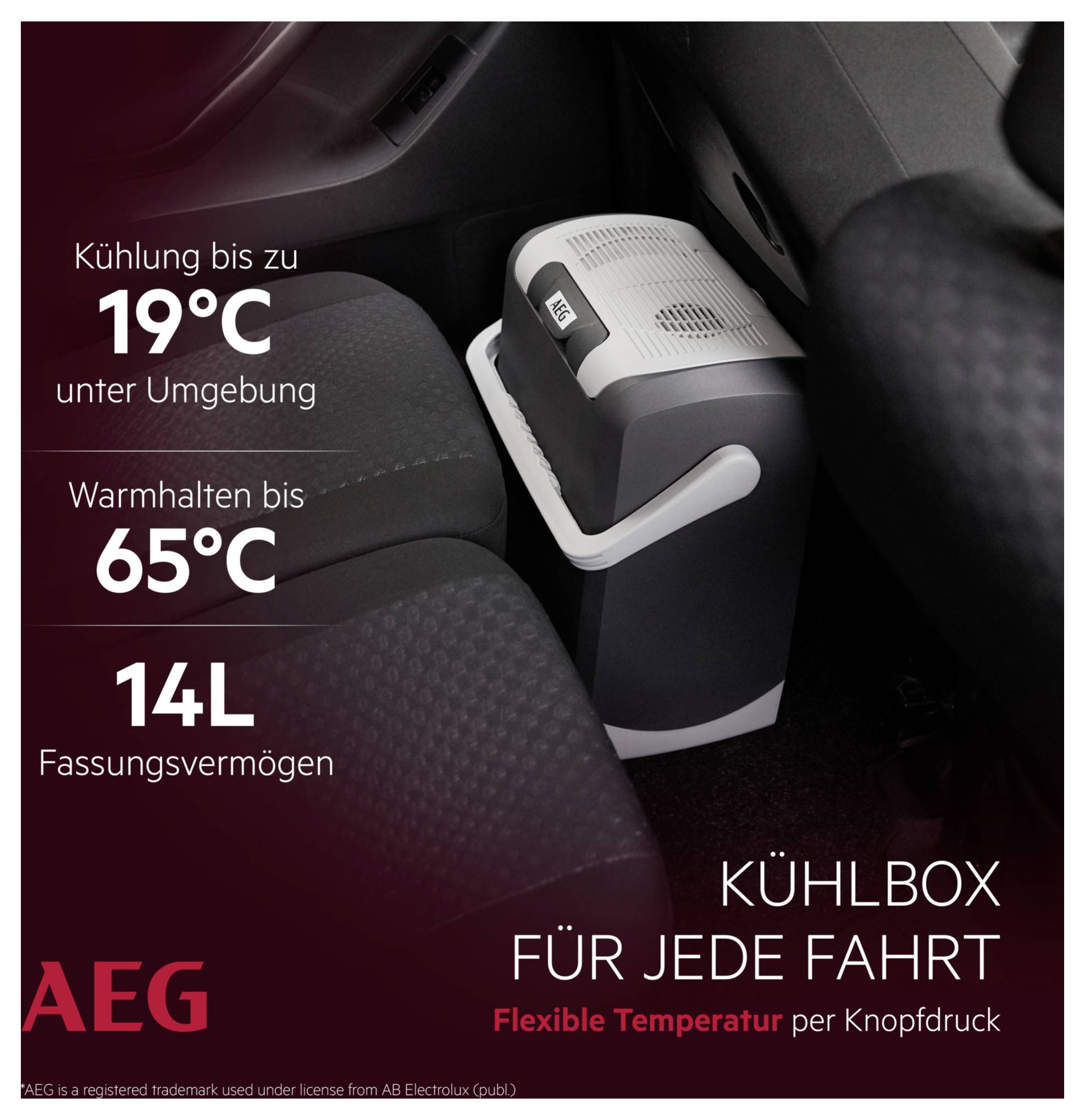 Une mini-glacière pour voiture annonce un refroidissement à 19°C, un chauffage à 65°C, et une capacité de 14L. Le texte dit « Glacière pour chaque trajet » et « Température flexible ».