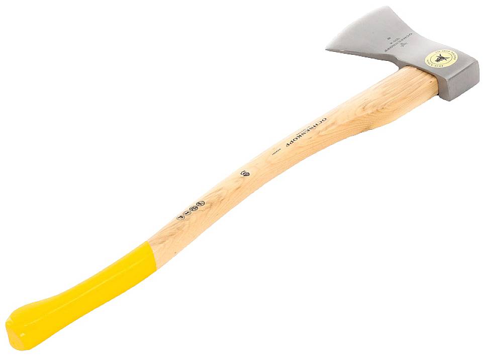 Hache en bois avec manche en bois et extrémité jaune, tête en métal en haut. Principalement utilisée pour couper du bois.