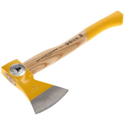 Hache en bois avec manche jaune et lame argentée, adaptée aux travaux forestiers et de jardinage. Nom de la marque visible sur le manche en bois.