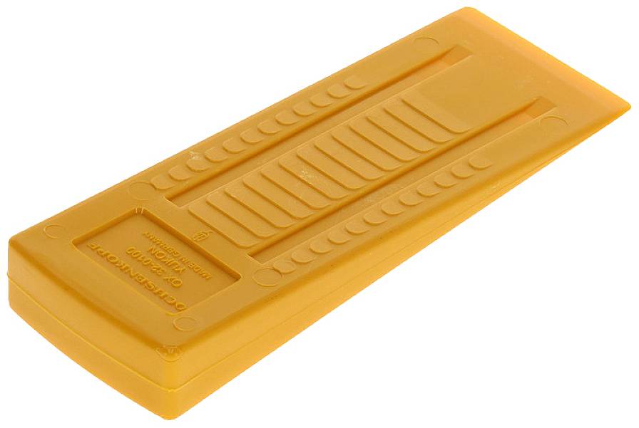Un boîtier en plastique orange à surface nervurée. Forme rectangulaire, plat et allongé, probablement un récipient de rangement.