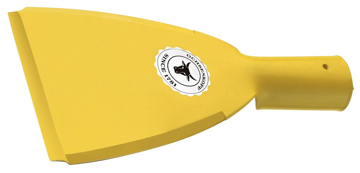 Raclette de fenêtre jaune avec logo noir d'un chien et l'inscription 'Fermier Malin'.