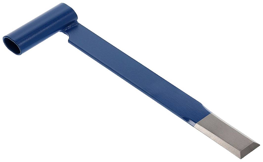 Outil de coupe métallique à poignée bleue et lame tranchante, utilisé pour la coupe précise de surfaces métalliques.