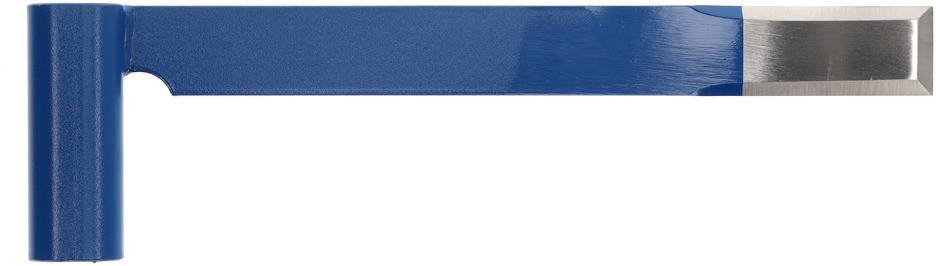 Une clé de brique en bleu avec une tête en métal sur le côté droit, utilisée pour retirer des briques de maçonnerie.