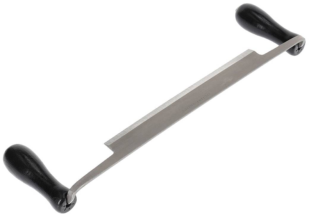 Un rabot à deux poignées noires et une lame métallique tranchante au centre, utilisé pour le rabotage du bois.