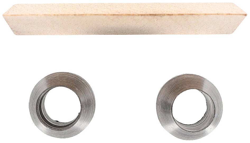 Un poutre rectangulaire en matériau, avec deux anneaux métalliques cylindriques en dessous, sur un fond blanc.