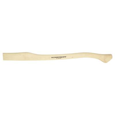 L'image montre un manche de hache en bois avec une poignée ergonomique sur laquelle est inscrit 'Ochsenkopf'. Il sert de pièce de rechange pour des outils.
