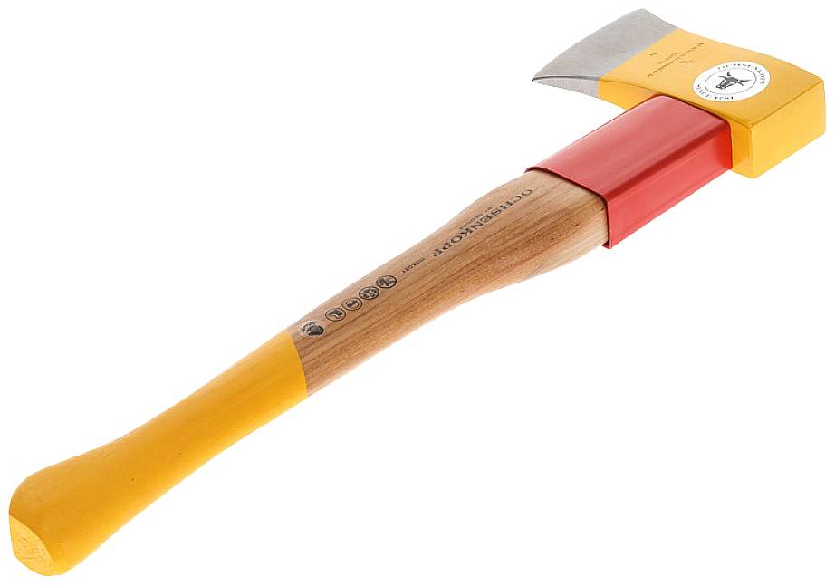 Hache à main avec tête jaune et manche en bois.