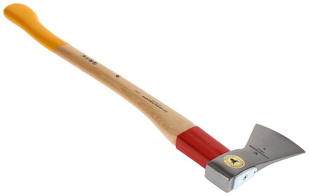 Une hache avec un manche en bois, marqué en orange à son extrémité, ainsi qu'une tête métallique avec une partie de transition rouge.