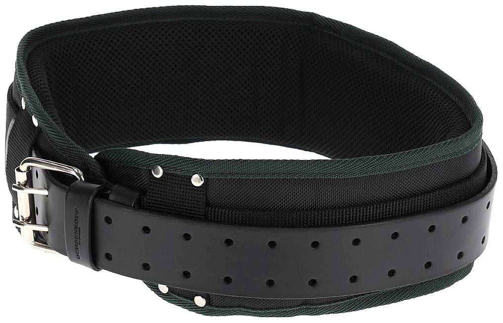 Ceinture de levage noire avec rembourrage intérieur vert et boucle en acier. Soutient le dos lors de l'entraînement en force et de l'haltérophilie.