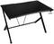 Un bureau noir à plateau incurvé, avec des pieds en métal et un porte-boisson sur le côté. Design moderne.