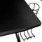 Table noire avec châssis en métal, porte-gobelet latéral et crochets, idéale pour le gaming ou les applications de bureau.