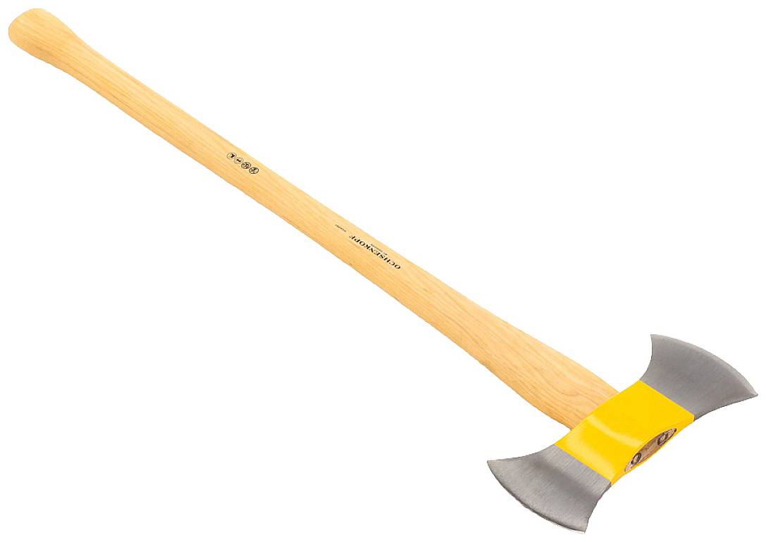 Hache en bois avec un long manche en bois et une lame à double tranchant, adaptée pour fendre et abattre des arbres.