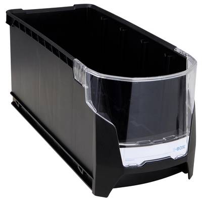Boîte de rangement en plastique noir avec façade transparente. Adaptée à l'organisation et au stockage de petits objets.