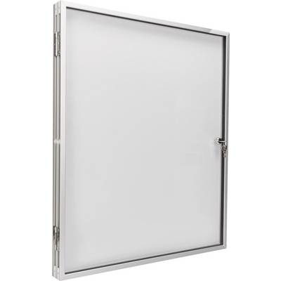 Vitrine en aluminium avec porte en verre et serrure, ouverte pour une vue de face, adaptée aux affichages intérieurs et extérieurs.