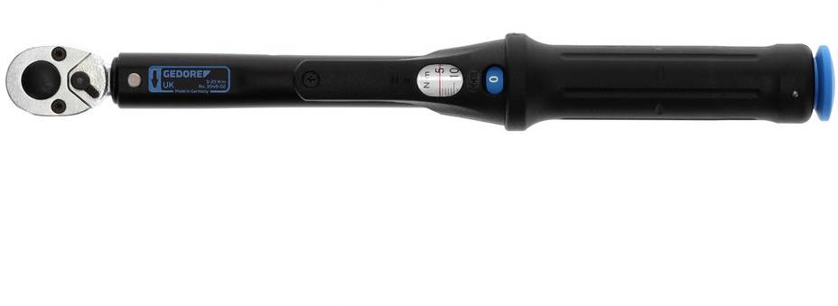 Une clé dynamométrique noire avec un accent bleu et un indicateur de réglage du couple, présentée en vue latérale.