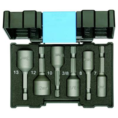 'Coffret d'outils comprenant six douilles magnétiques hexagonales, de tailles 7 mm à 13 mm, dans un étui en plastique noir.'