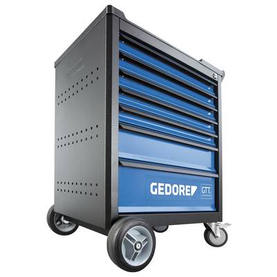 Un chariot à outils noir avec des tiroirs bleus portant l'inscription 'GEDORE GT Line'. Le chariot est équipé de quatre roues pour une mobilité facile.