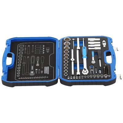 Boîte à outils contenant un jeu de clés à douille et de clés à cliquet de différentes tailles, soigneusement rangées dans un coffret bleu.