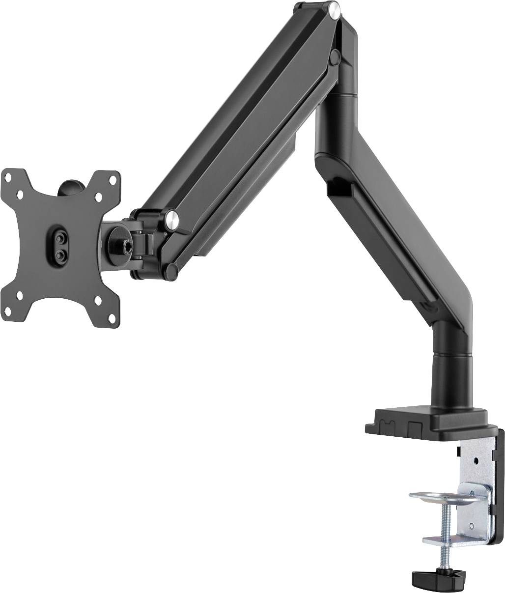 Support de moniteur avec bras ajustable, en métal noir, adapté pour la fixation sur des bureaux, compatible avec les normes VESA.