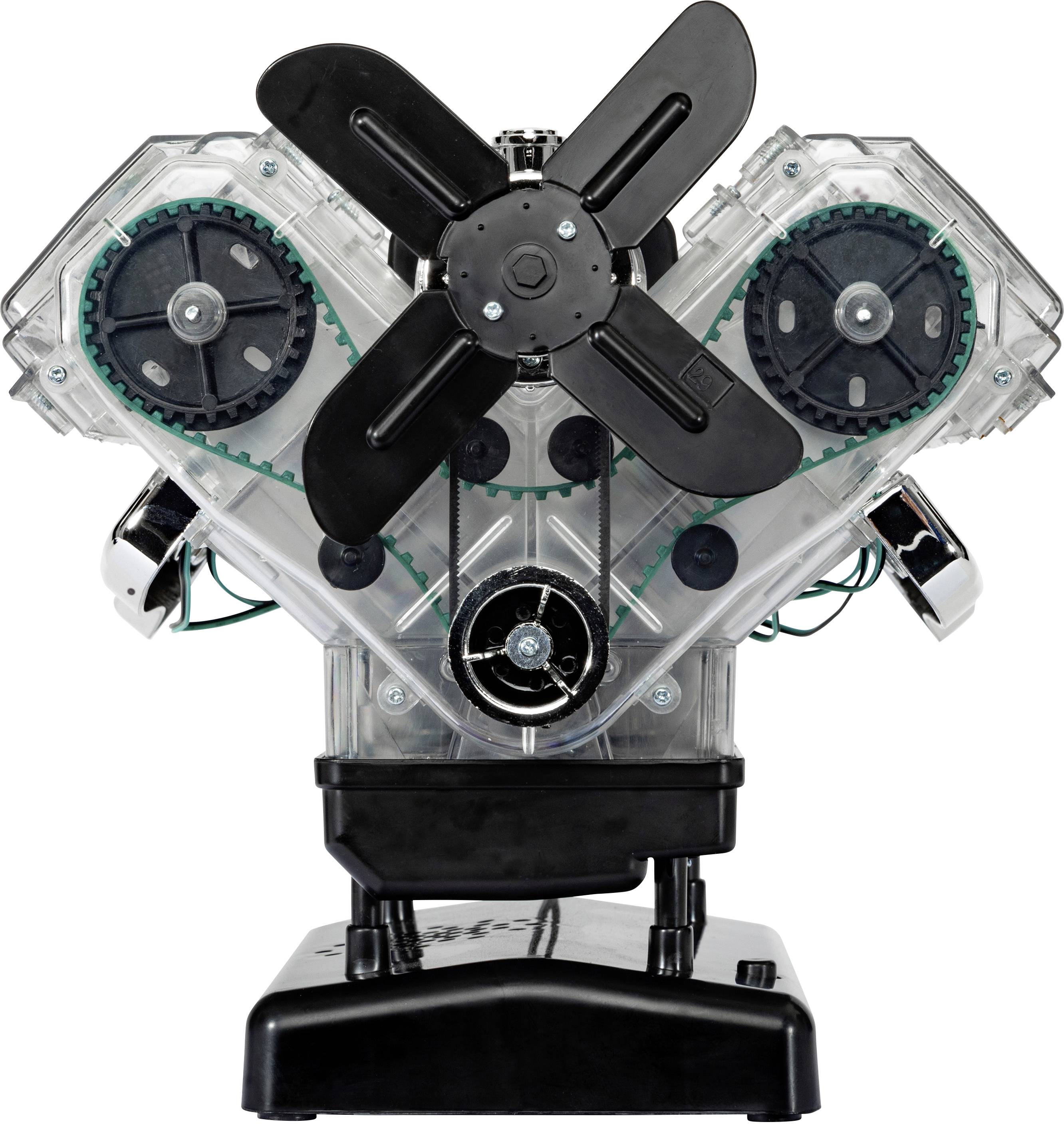 Un moteur modèle transparent montre les engrenages internes, les courroies et un ventilateur qui illustrent la mécanique d'un moteur à combustion.