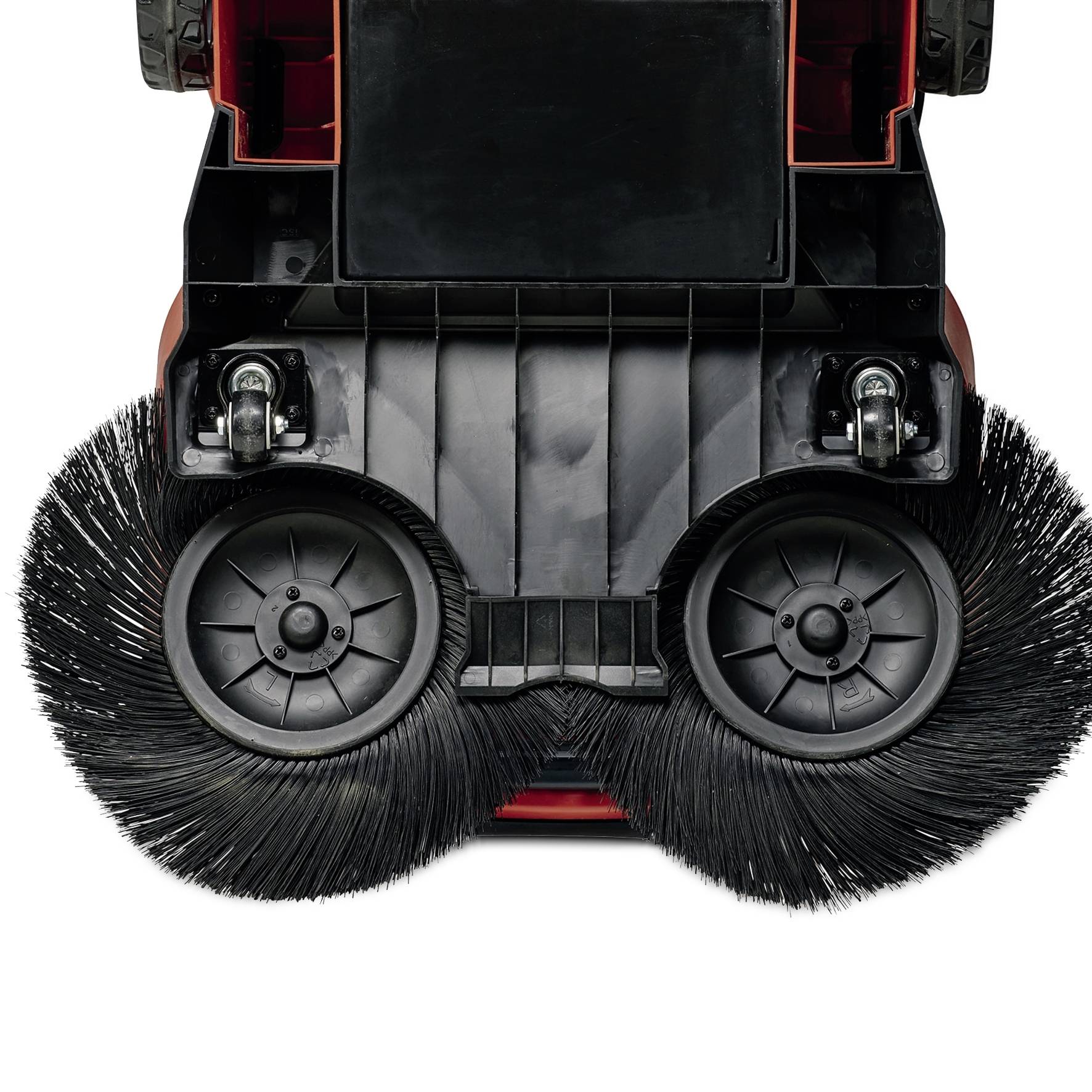 L'illustration montre le dessous d'une machine de nettoyage de sol avec deux grandes brosses de nettoyage et des roues.