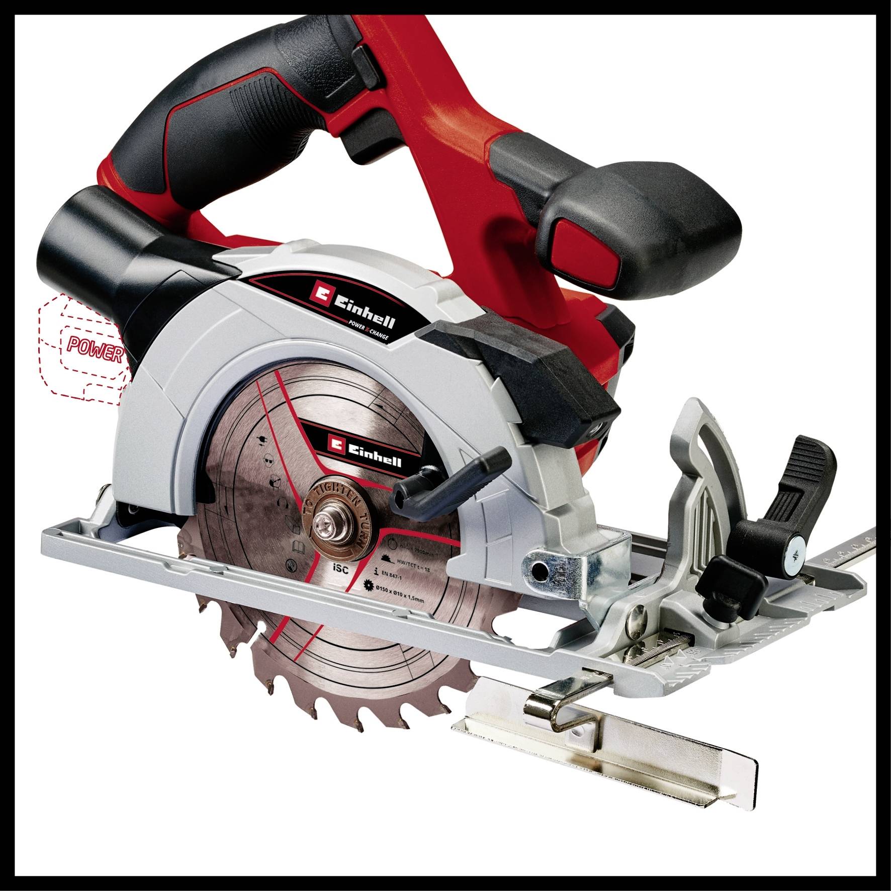 Scie circulaire portative à batterie avec poignée rouge et noire, lame de scie argentée et logo Einhell, adaptée aux travaux de coupe de bois.