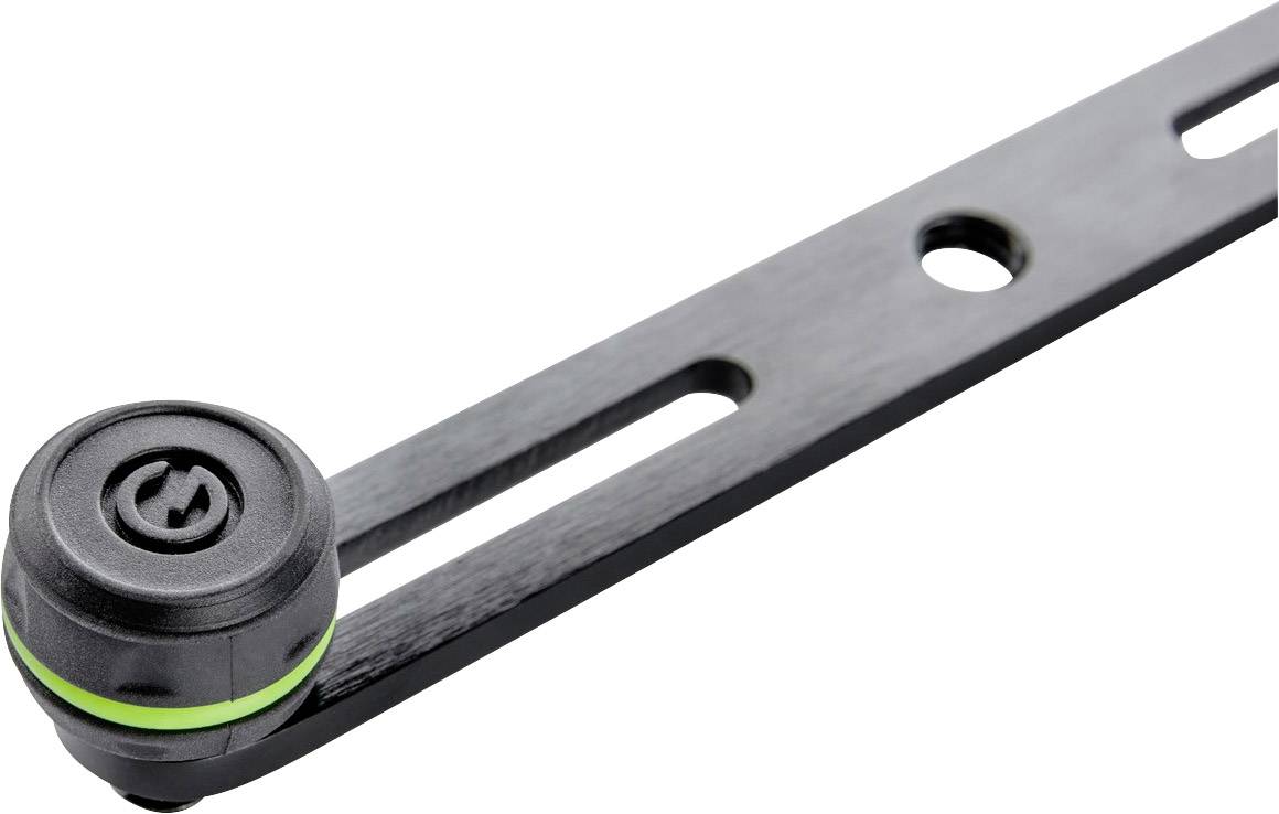 Bras métallique noir avec articulation circulaire et anneau vert, contenant deux fentes et une ouverture ronde, fonction inconnue.