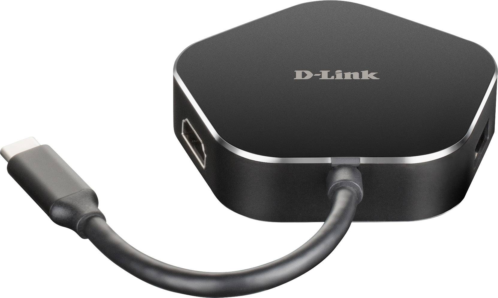 Un hub USB-C noir D-Link avec plusieurs ports, dont HDMI et USB.