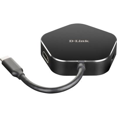 Un hub USB-C noir D-Link avec plusieurs ports, dont HDMI et USB.