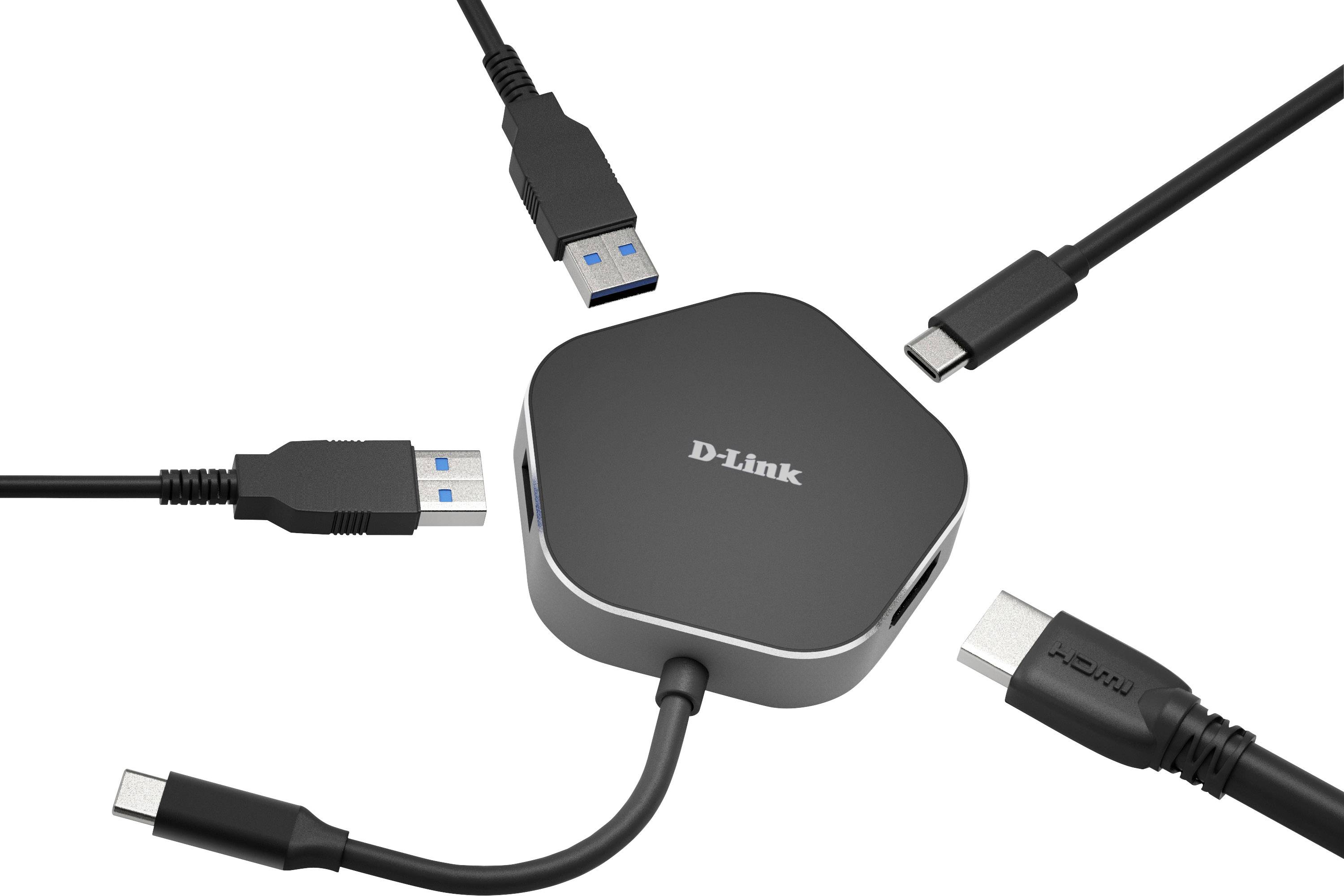 Hub USB-C D-Link multiports : USB, USB-C, HDMI. Connexion d'appareil pour une connectivité étendue.