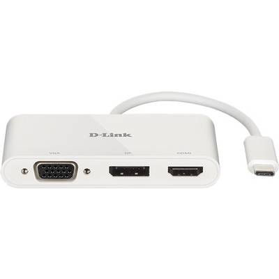 Adaptateur blanc avec port USB-C se connectant aux ports VGA, DP et HDMI, logo D-Link en haut. Idéal pour connecter des appareils à des écrans.