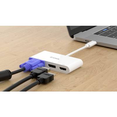 Un adaptateur relie différents types de câbles à un ordinateur portable : HDMI, USB et VGA. Il permet de connecter plusieurs appareils simultanément.