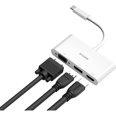 Une boîte d'adaptation blanche avec un câble USB-C relié à trois câbles pour HDMI, DVI et VGA.
