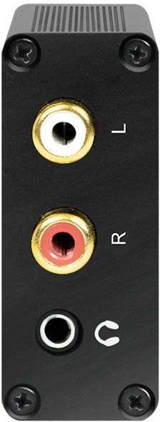 Boîte audio noire avec trois connexions : blanc en haut pour 'L', rouge au milieu pour 'R', en bas pour les écouteurs.