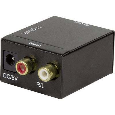 Convertisseur audio noir avec connexions : 'DC/5V' pour l'alimentation électrique, 'R/L' pour l'entrée audio, 'Output' pour la sortie.