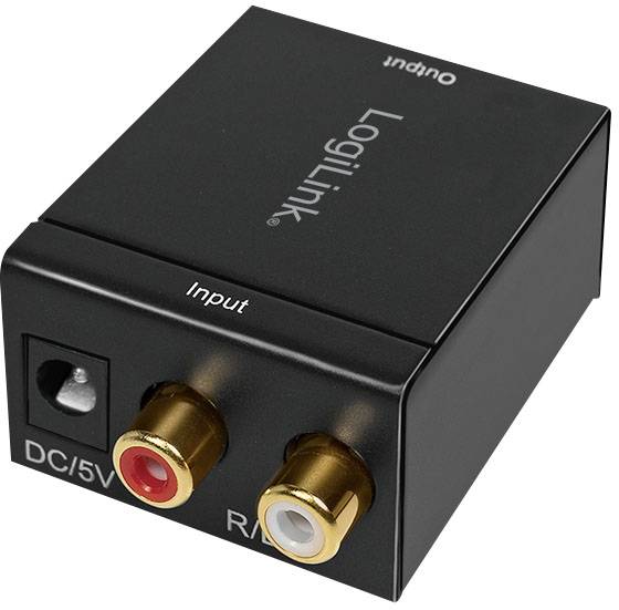 Convertisseur audio noir avec logo Logilink, bornes de connexion pour entrée RCA gauche (rouge et blanc), et connecteur DC/5V.