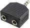 Adaptateur répartiteur audio noir avec deux ports et une fiche. Il permet de connecter deux appareils audio à une source unique.
