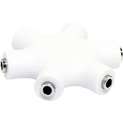 Un répartiteur audio blanc à six branches avec des connexions à chaque extrémité pour brancher plusieurs casques ou appareils.
