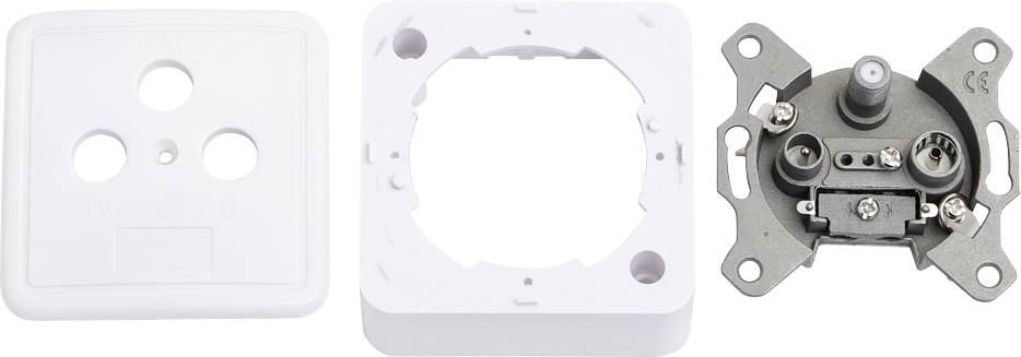 Prise d'antenne tripartite : couvercle à gauche, partie centrale pour le montage du câble, à droite le mécanisme avec les connexions de câble et le réglage.