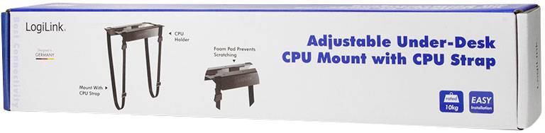 Emballage d'un support de CPU réglable pour montage sous le bureau, incluant une sangle de fixation. Marque : LogiLink. Charge maximale : 10 kg.