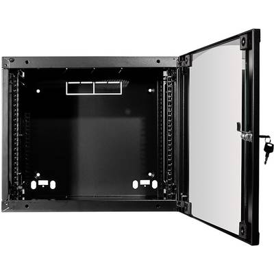 Un boîtier de rack serveur noir ouvert avec une porte en verre et une serrure. L'intérieur révèle des rails de montage et des passages de câbles.