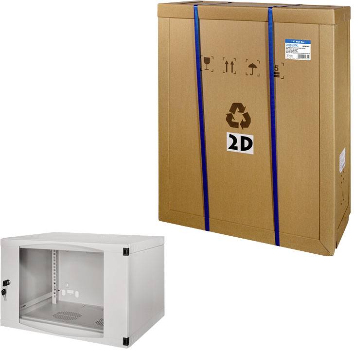 Un armoire métallique plat et emballé devant son carton. Le carton porte un symbole de recyclage et le numéro '2D'. L'armoire est grise.