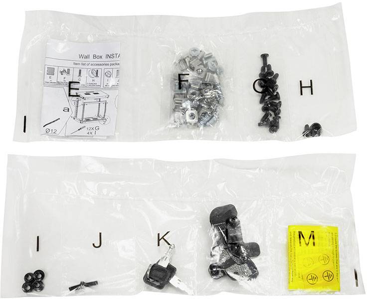 Sachets étiquetés de vis, chevilles et accessoires, marqués de A à M. Comprend le manuel d'installation de boîte murale et les consignes de sécurité.