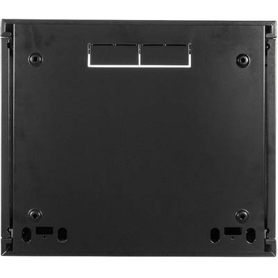 Un dos noir, carré, d'un appareil électronique avec plusieurs points de fixation et des ouvertures pour câbles.