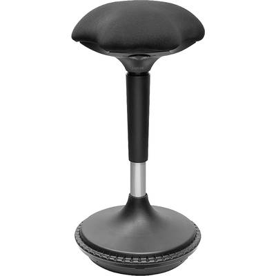 Un tabouret ergonomique noir avec base ronde et assise rembourrée, idéal pour les postes de travail debout.